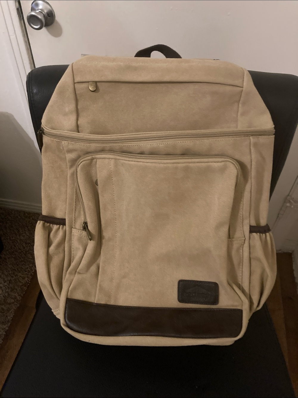Portage Unisex Beige Canvas Backpack with Brown Trim